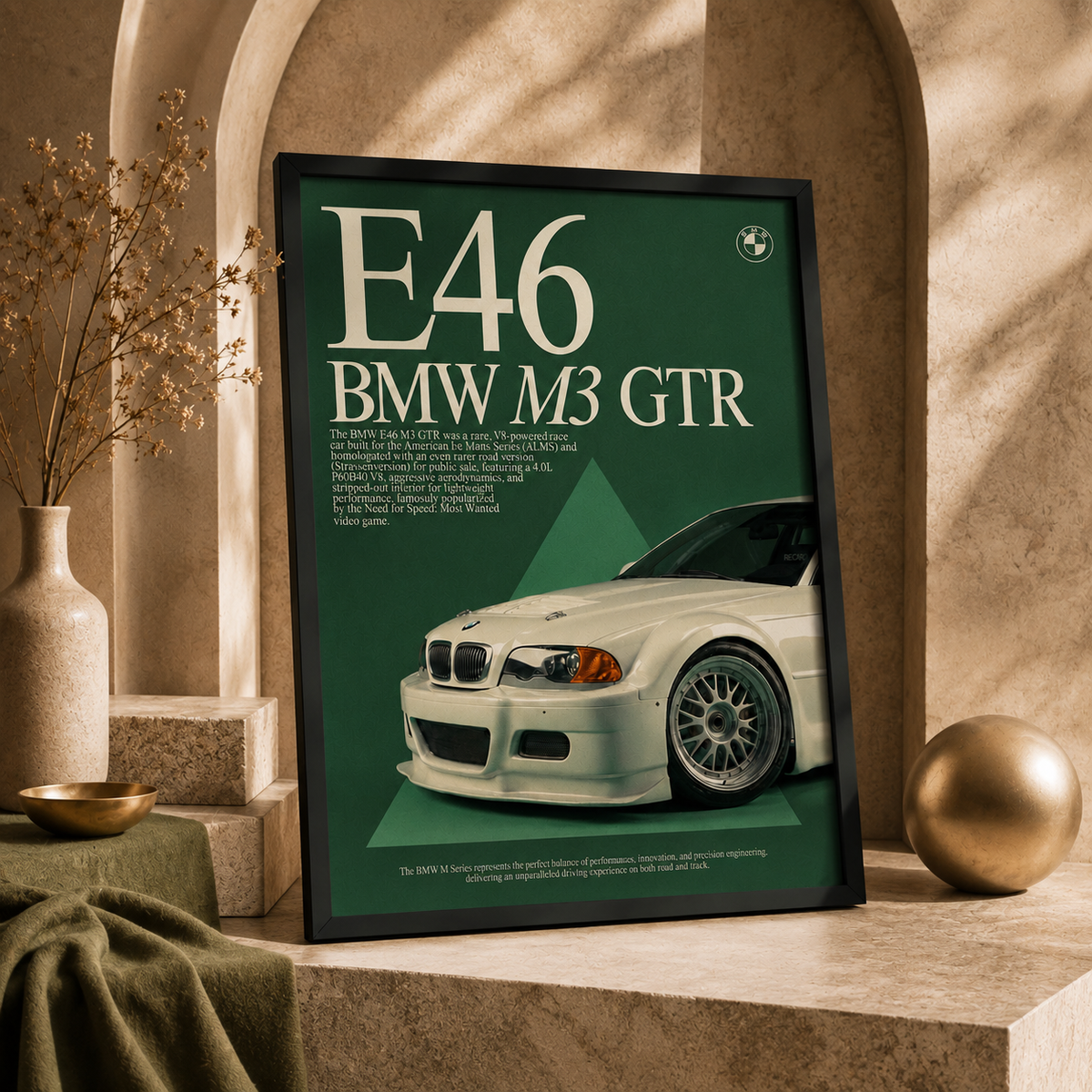 Green Machine — BMW E46 M3 GTR Automotive Framed Wall Art | GH-F037