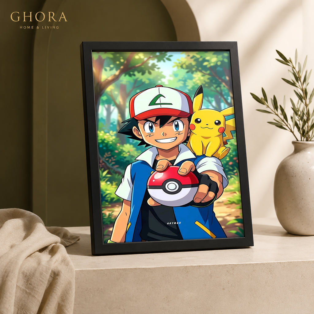 Pokemon Adventure — Ash & Pikachu Cartoon Framed Wall Art | GH-F188