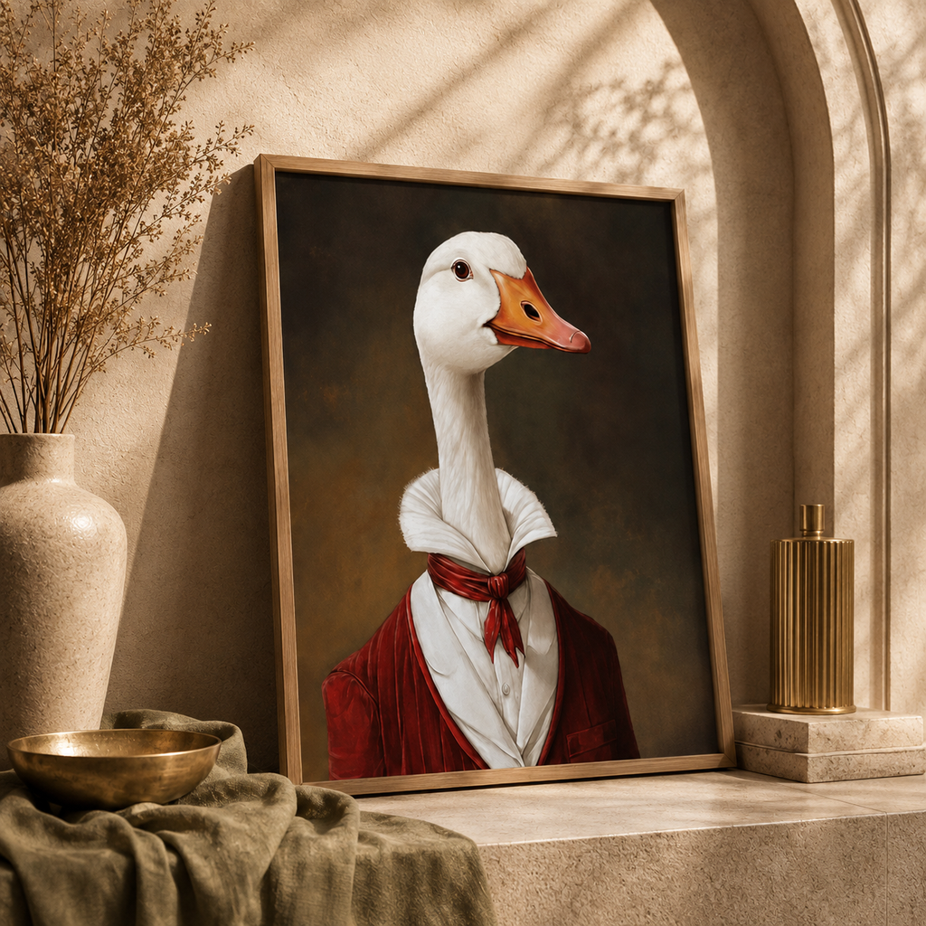 Crimson Gentleman — Whimsical Goose Portrait Framed Wall Art | GH-F027
